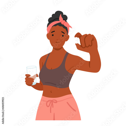 Youthful Woman Poised With A Pill In Hand. Black Female Character Ready To Take A Step Towards Well-being