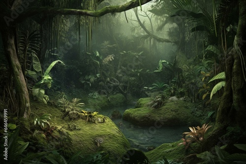 Background featuring a lush rainforest. Produced using advanced digital techniques. Generative AI