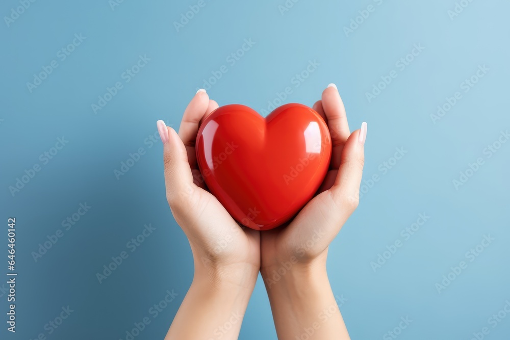 Woman holding a heart symbol against a solid color background - Generosity and Compassion - Loving Care - AI Generated Woman holding a heart symbol against a solid color background - Generosity and Compassion - Loving Care - AI Generated