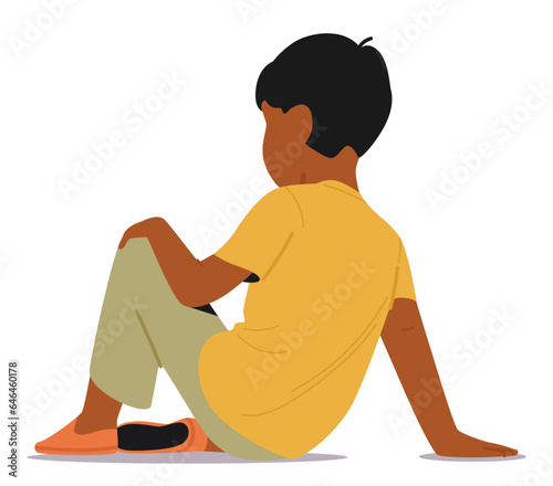 Rear View Of A Little Boy Sitting On The Floor, Engaged In An Activity Or Lost In Thought, Vector Illustration