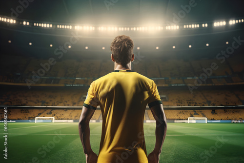Male player on stadium at world cup. Back view. Generative AI © zeenika