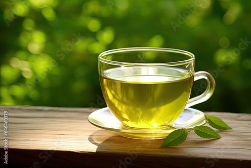 cup of a green tea with green tea leaves 