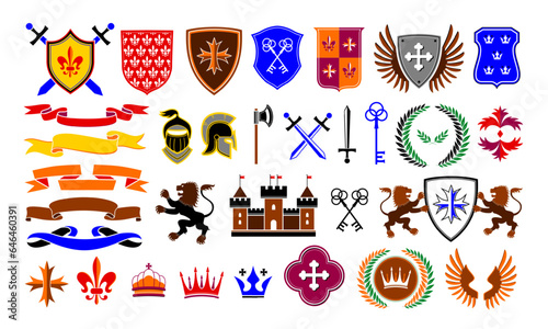 Antique heraldic emblem templates. Traditional medieval weapon and shields labels, royal crown, lion and ribbon vector set