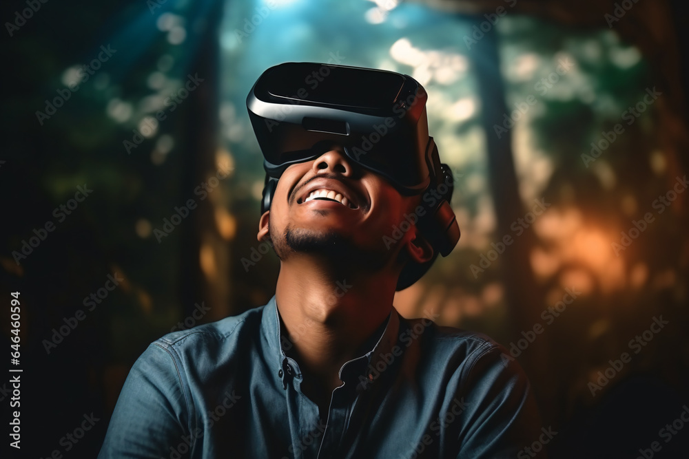 A young man is immersed in a virtual reality experience, wearing a VR headset and interacting with a digital world. A young man is immersed in a virtual reality experience, wearing a VR headset and interacting with a digital world.