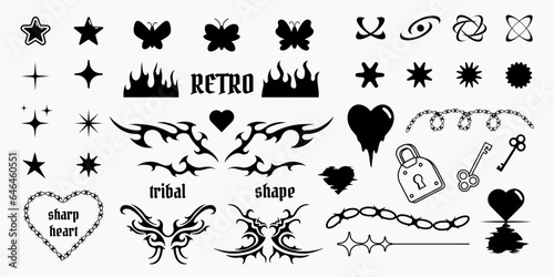 Collection of Y2K trendy shapes, tribal patterns, vector isolated drawings, geometric symbols in 2000s aesthetics.