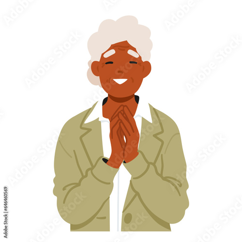 Old Female Character Praying. Elderly Woman, Eyes Closed In Devotion, Palms Pressed Together In Prayer