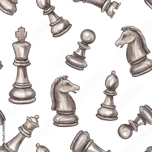 Chess seamless pattern on a white background. Watercolor hand drawn illustration of wooden chess board game. Composition for the design of a chess club, blog and invitations to chess day. © Tana Svoboda