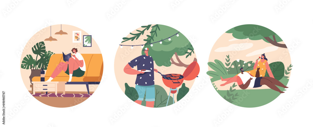 Isolated Round Icons or Avatars of Characters Relax on Weekend. Friends Enjoying Barbecue, Woman Reading Book