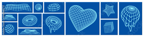 Y2K trendy shapes and 3d vector geometric figures, dimensional geometric acid forms in blue computer frames.