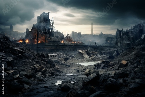 Destruction of a city after a nuclear conflict, with a misty sky in the backdrop. Generative AI