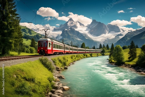 Scenic train route in the Swiss Alps. Generative AI