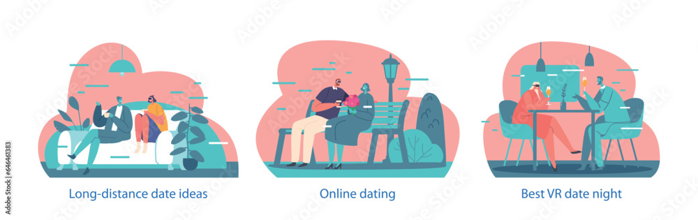 Isolated Elements with Virtual Dating Scenes. People Use Vr Technology for Date. Male and Female Wearing Goggles