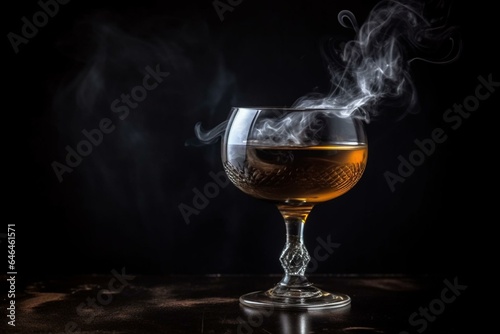 Dark cocktail with smoky flavor on a black backdrop. Generative AI