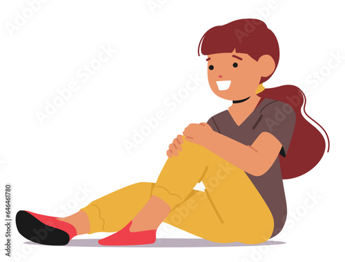 Little Girl Character Sitting On The Floor, Possibly Engaged In An Activity Or Lost In Thought, Displaying Innocence