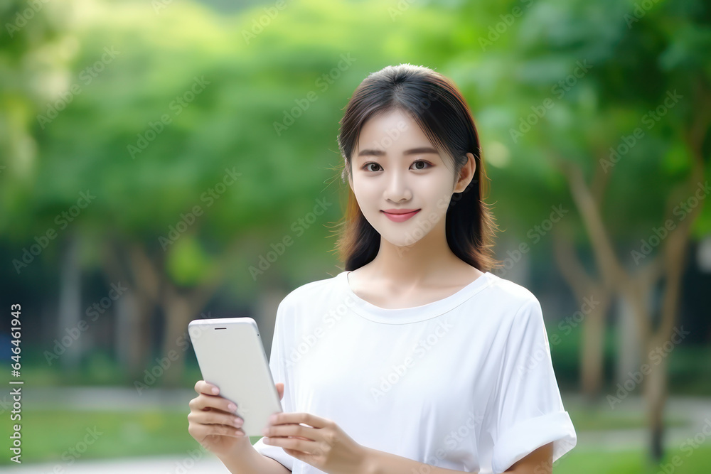 Youthful Asian Woman in White Shirt Holds Smartphone with Vibrant Energy - Modern Lifestyle and Connectivity Concept Youthful Asian Woman in White Shirt Holds Smartphone with Vibrant Energy - Modern Lifestyle and Connectivity Concept