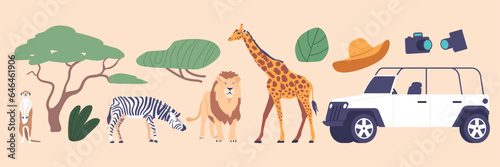 Set Of Icons African Safari Tour Theme. Jeep, Giraffe, Lion, Zebra And Meerkat. Photo Camera, Hat, Trees And Bushes