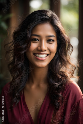 a closeup photo portrait of a beautiful young asian indian model woman smiling with clean teeth. Image created using artificial intelligence.