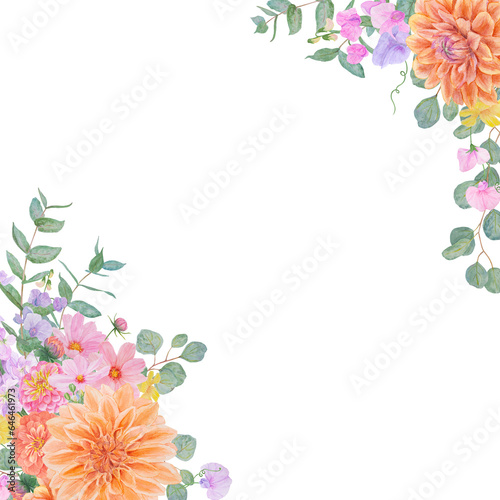 Watercolor botanical colourful frame of summer and autumn flowers: dahlia, zinnia, lathyrus, gillyflower, nasturtium, eucalyptus. Good for wedding print products, paper, invitations, greetings, fabric