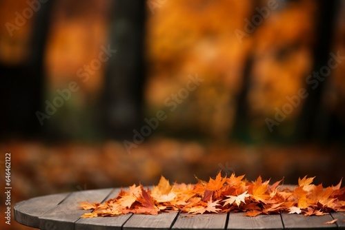 Table with orange fall leaves  autumn natural background. Generative AI