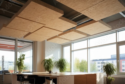 Ceiling-mounted wood wool panels in office for noise reduction. Generative AI