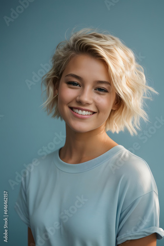 Photo of teen girl smiling portrait against light blue background in studio. Image created using artificial intelligence. 