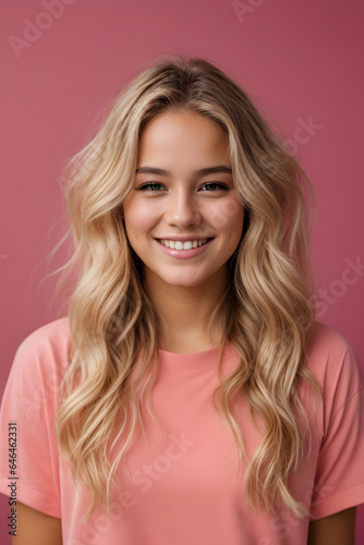 Photo of teen girl smiling portrait against pink background in studio, blonde long hair. Image created using artificial intelligence.