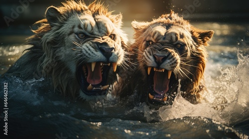 lions and tigers fight in the middle of river water flowing between rocks
