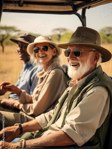 A Photo of a Group of Elderly Travelers on a Safari, Spotting Wild Animals