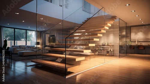 A hallway with a floating staircase and glass railings