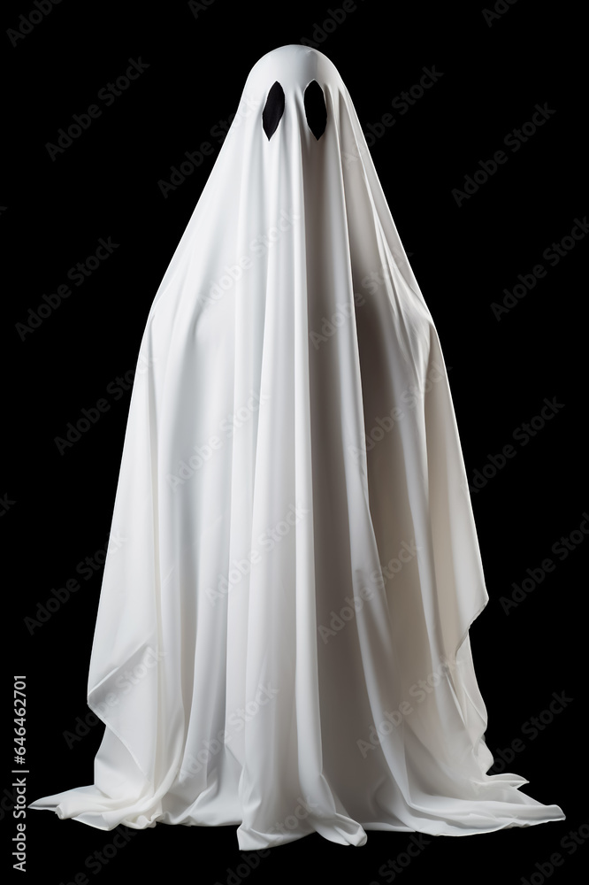 Ghost costume made from a white sheet on a black background. Ghost costume made from a white sheet on a black background.