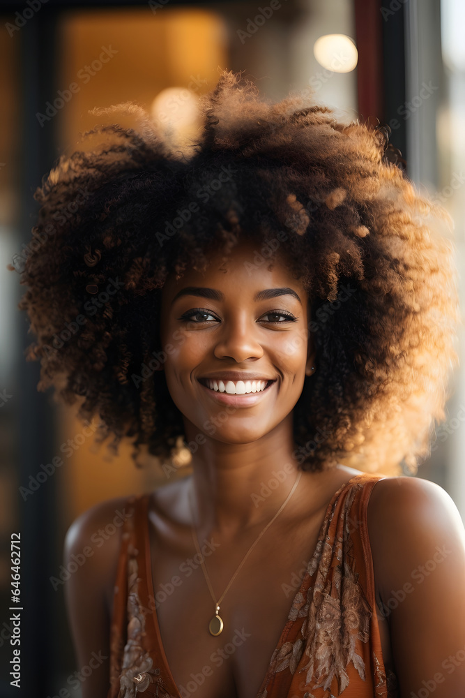 beautiful woman with afro hair smiling on bright background. Image created using artificial intelligence. beautiful woman with afro hair smiling on bright background. Image created using artificial intelligence.
