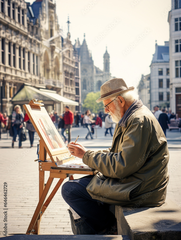 A Photo of an Elderly Gentleman Sketching a Scenic European Cityscape A Photo of an Elderly Gentleman Sketching a Scenic European Cityscape