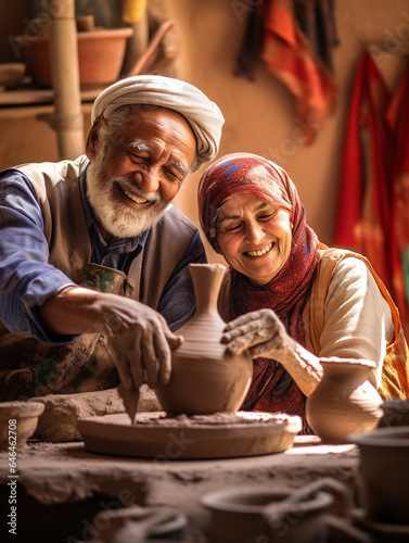 A Photo of an Elderly Couple Taking a Pottery Class in Morocco
