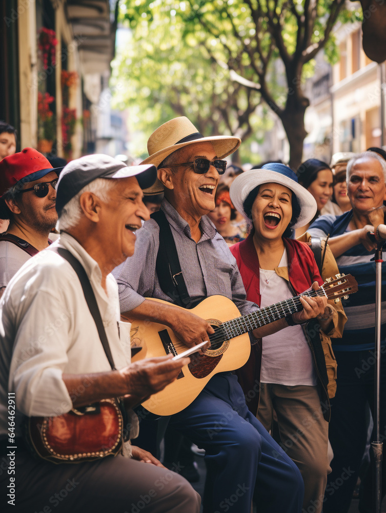 Fototapeta premium A Photo of Elderly Travelers Singing Along with Street Musicians