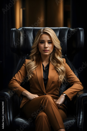 Portrait of a confident fashionable model sitting in a armchair. Image created using artificial intelligence. 