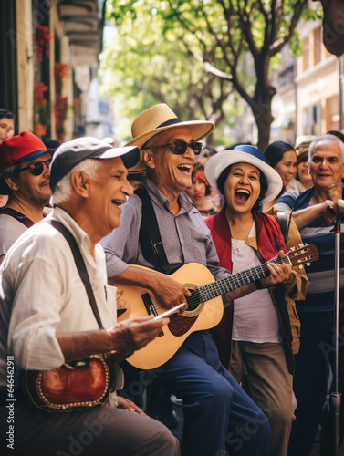 A Photo of Elderly Travelers Singing Along with Street Musicians © Nathan Hutchcraft