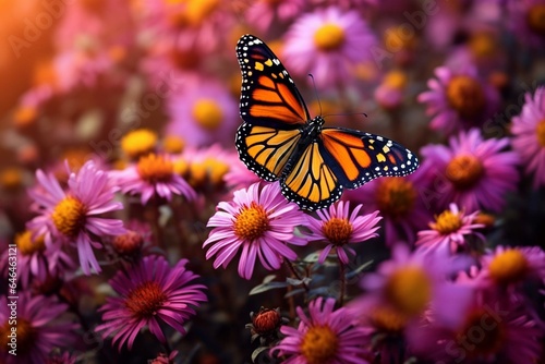 Butterfly perched on aster among floral background. Monarch butterflies amidst blooming asters in panoramic autumn landscape. Generative AI