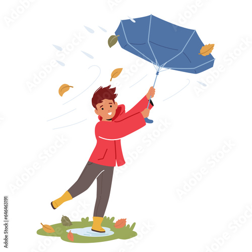 Young Boy Character In Autumn, Clutching His Umbrella Tightly As The Wind Swirls Around Him, Vector Illustration
