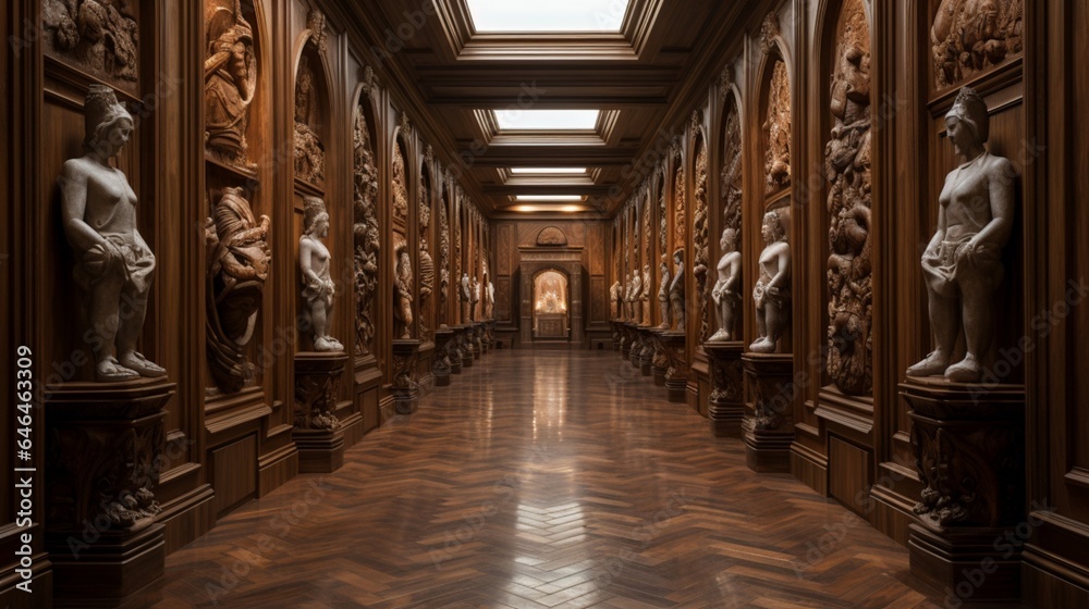 A hallway with a series of decorative wall niches holding sculptures
