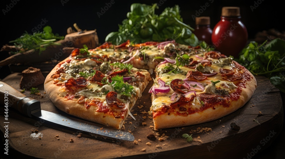 DELICIOUS PIZZA SERVED ON THE TABLE DELICIOUS PIZZA SERVED ON THE TABLE