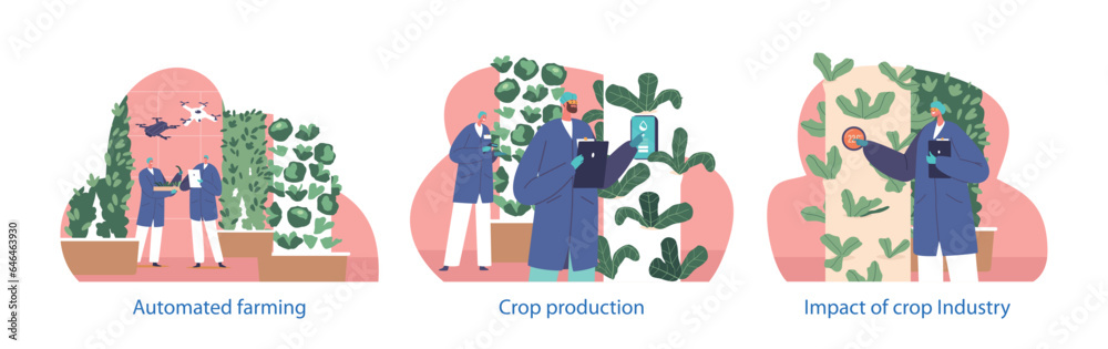 Isolated Elements with Characters Engage in Automation Of Crop Production and Smart Farming, Vector Illustration