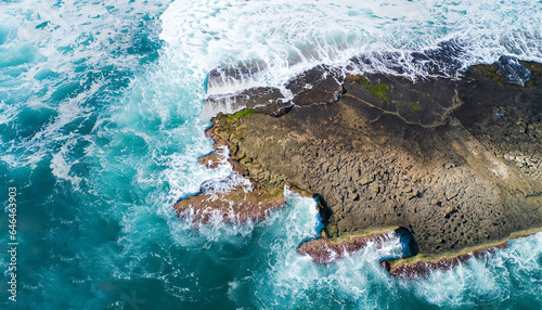 Aerial view of sea and rocks, ocean blue waves crashing on shore