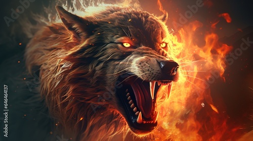 portrait of a black wolf in anger, grin, open mouth, red eyes, fiery background