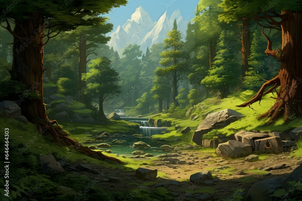 A serene and expansive landscape featuring a level forest with mostly ...