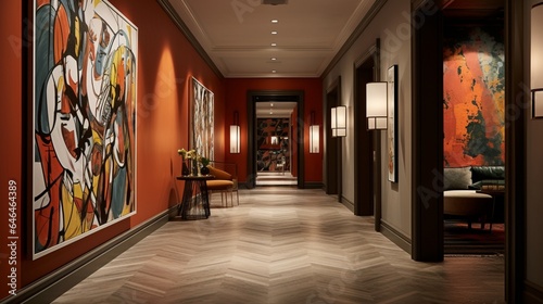 A hallway with dramatic wall sconces and bold artwork