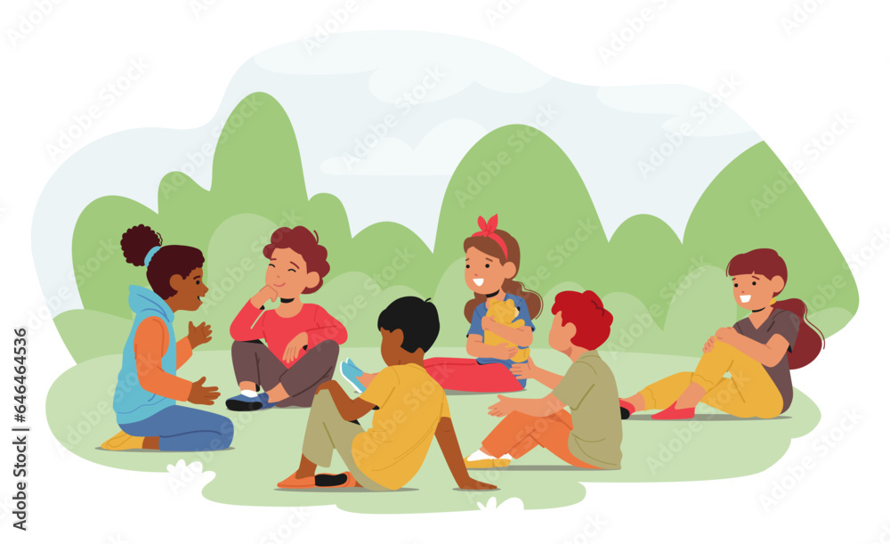 Group Of Children Sitting On Field, Engaged In Conversation And Connecting With One Another, Vector Illustration