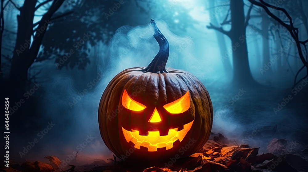 Scary halloween pumpkin in the dark forest at night. Scary halloween pumpkin in the dark forest at night.