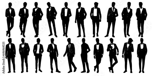 Silhouette of men crowd in different poses. a group of standing business people, profile, black color isolated on white background