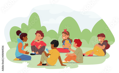 Group Of Children Sitting On Field, Engaged In Conversation And Connecting With One Another, Vector Illustration © Hanna Syvak