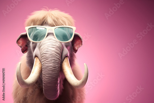 Creative animal concept. Mammoth in sunglass shade glasses isolated on solid pastel background, commercial, editorial advertisement, surreal surrealism
